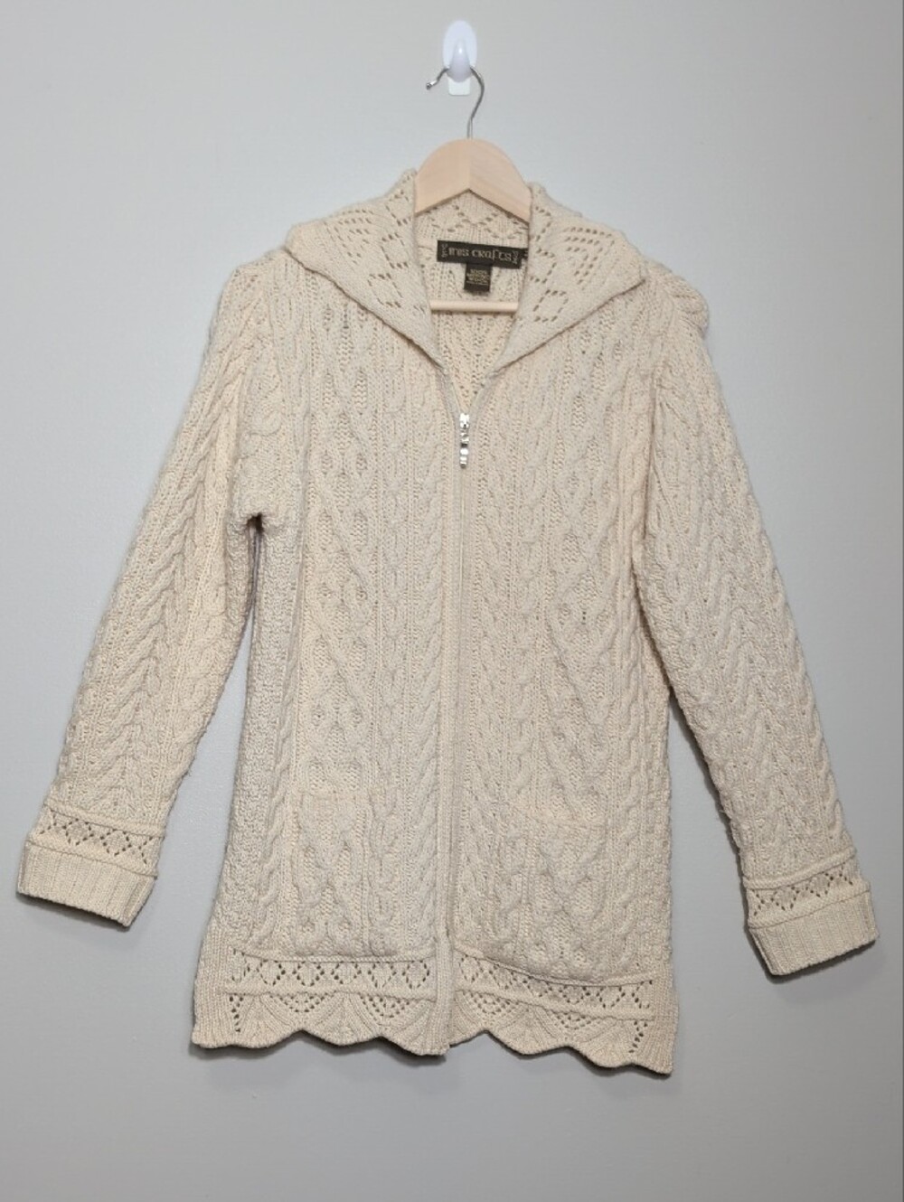 Inis Crafts 100% Merino Wool Cable Knit Long Full Zip Cardigan Sweater Medium - Picture 6 of 14